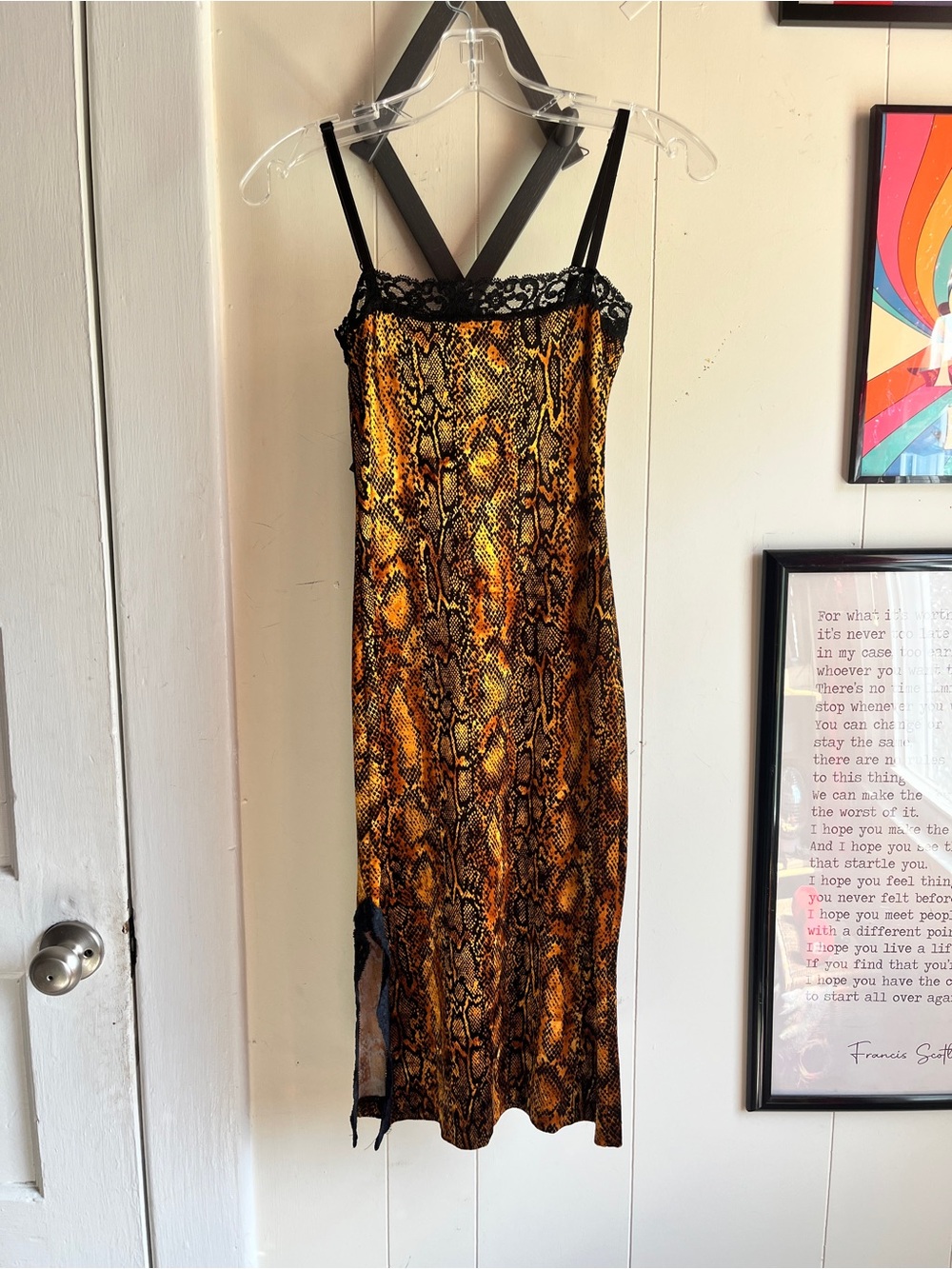 Vintage 1990s Betsy Johnson Snake Print Lace Trim Slip Dress in Yellow-Black - Picture 3 of 8